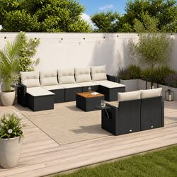 10 Piece Outdoor Garden Sofa Set with Cushions Storage Black Poly Rattan