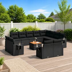 Garden Sofa Set 13 Piece Outdoor Furniture Black PE Rattan Modular with Cushions