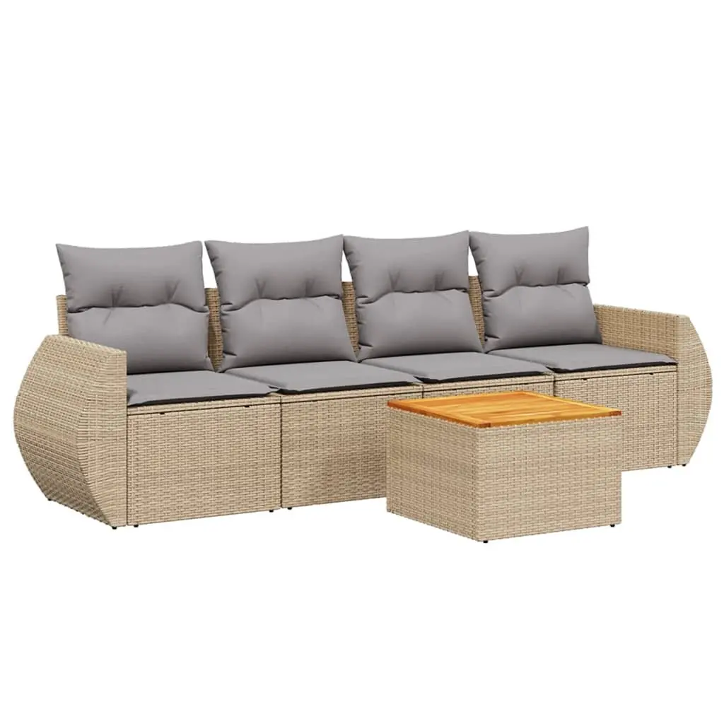 5 Piece Outdoor Garden Sofa Set with Storage Cushions Beige Poly Rattan