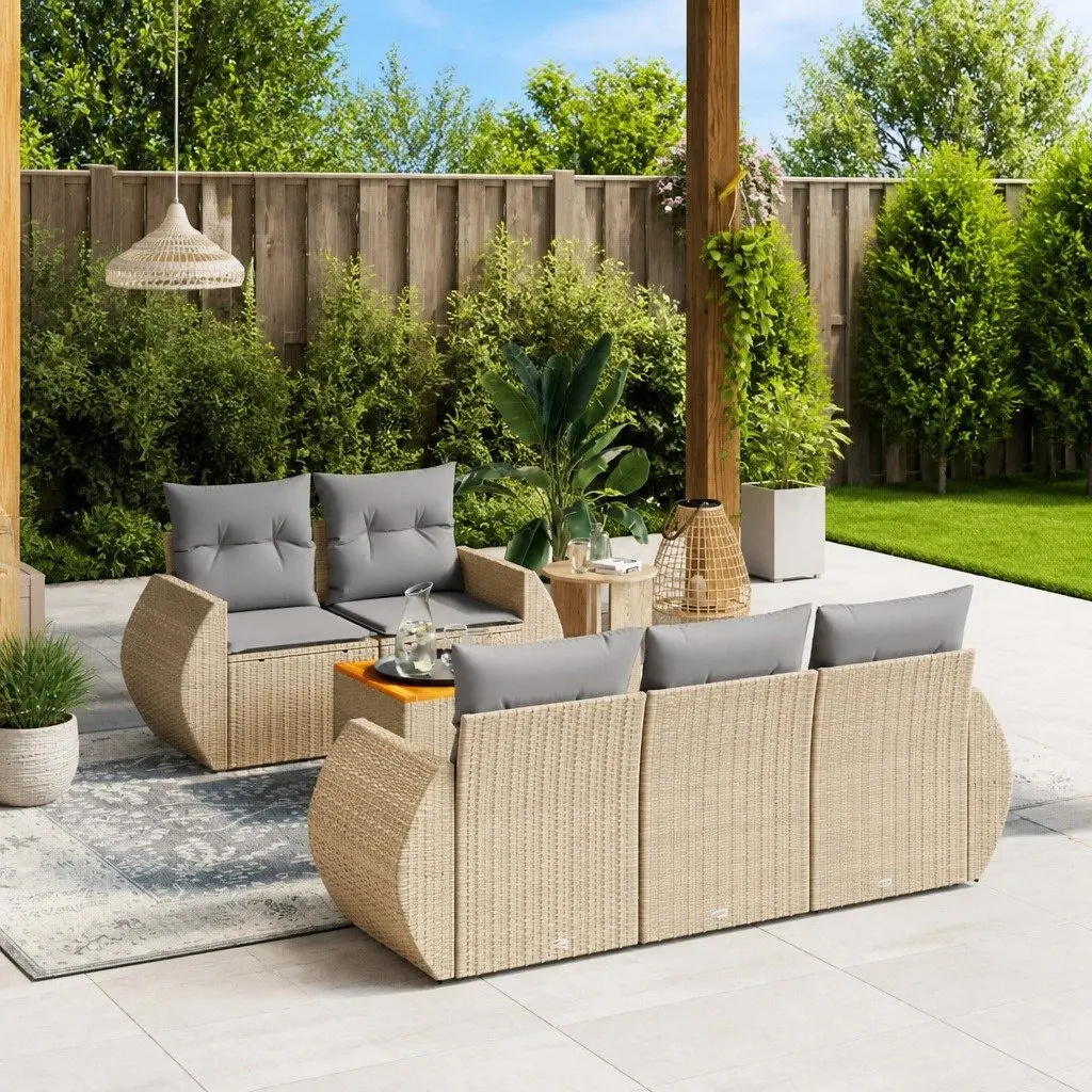 Garden Sofa Set 6 Piece Outdoor Relaxation Modular Beige PE Rattan Patio Furniture