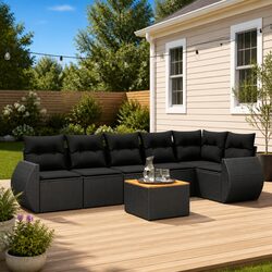 7 Piece Garden Sofa Set Outdoor Furniture Black Poly Rattan with Storage