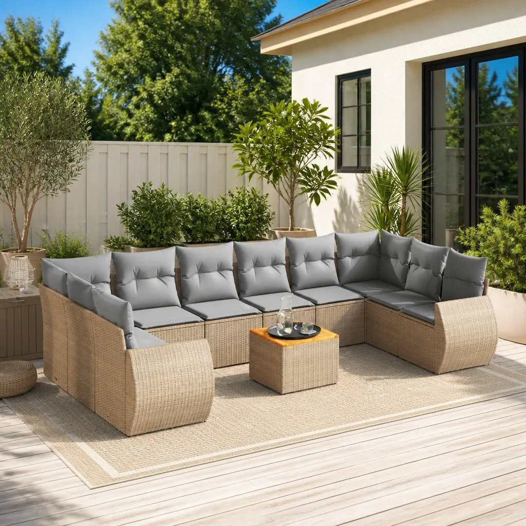 Garden Sofa Set 11 Piece Outdoor Furniture Patio Beige Poly Rattan with Cushions