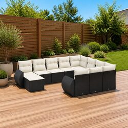 Garden Sofa Set 11 Piece Outdoor Furniture Patio Black Rattan Modular Cushions