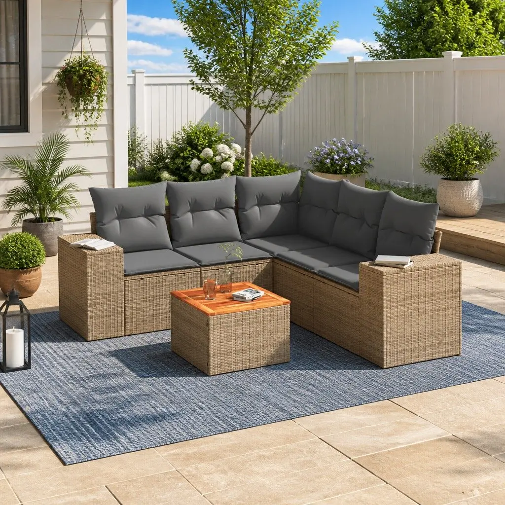 6-Piece Beige Outdoor Sofa Set with Storage