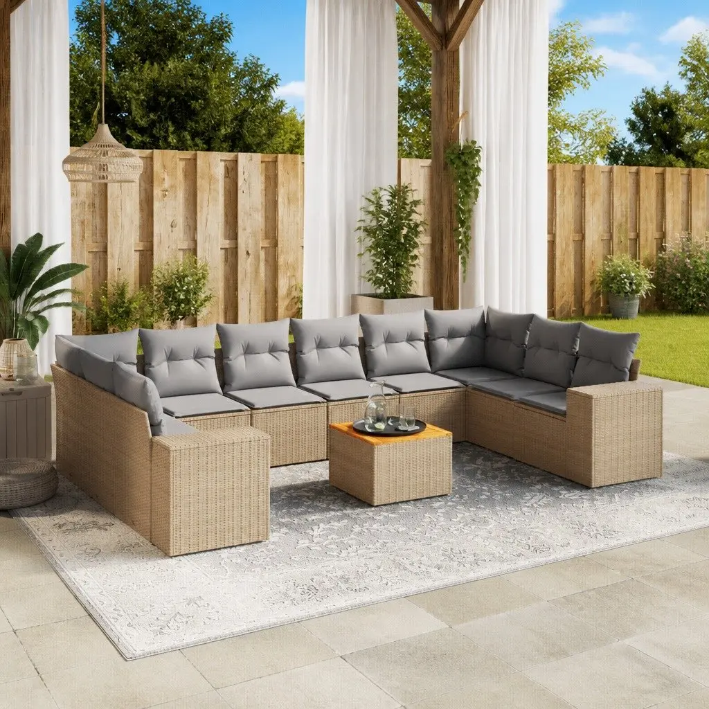 Modular Garden Sofa Set 11 Piece Outdoor Furniture Beige with Cushions and Storage