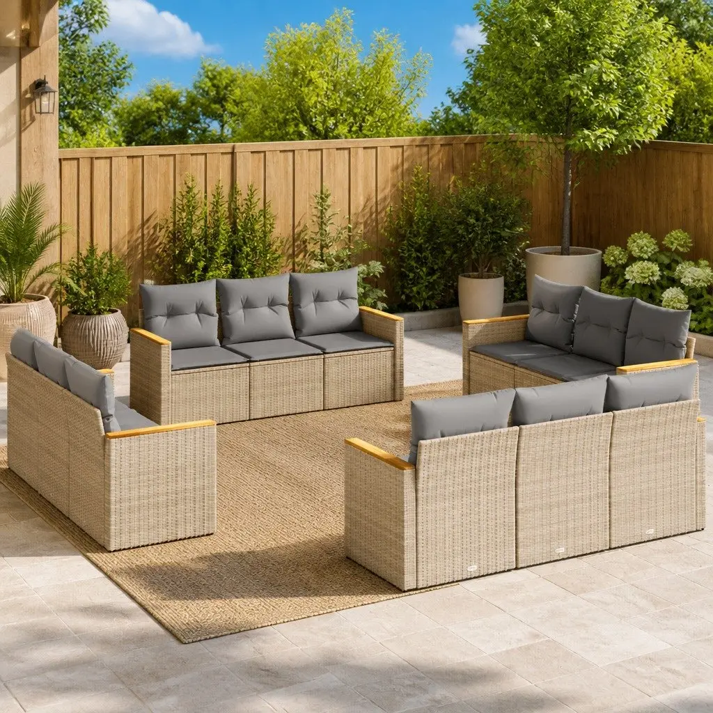 Garden Sofa Set 12 Piece Outdoor Furniture Modular Beige PE Rattan with Cushions