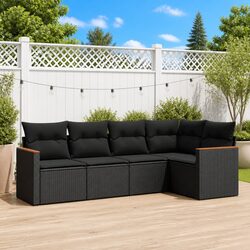 5 Piece Garden Sofa Set with Cushions - Black Rattan