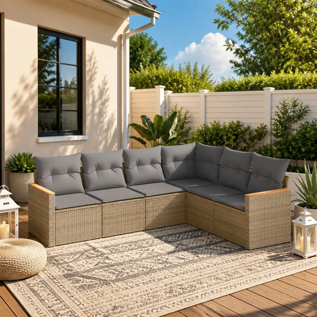 Garden Sofa Set Modular Outdoor Furniture 6 Piece Beige Poly Rattan