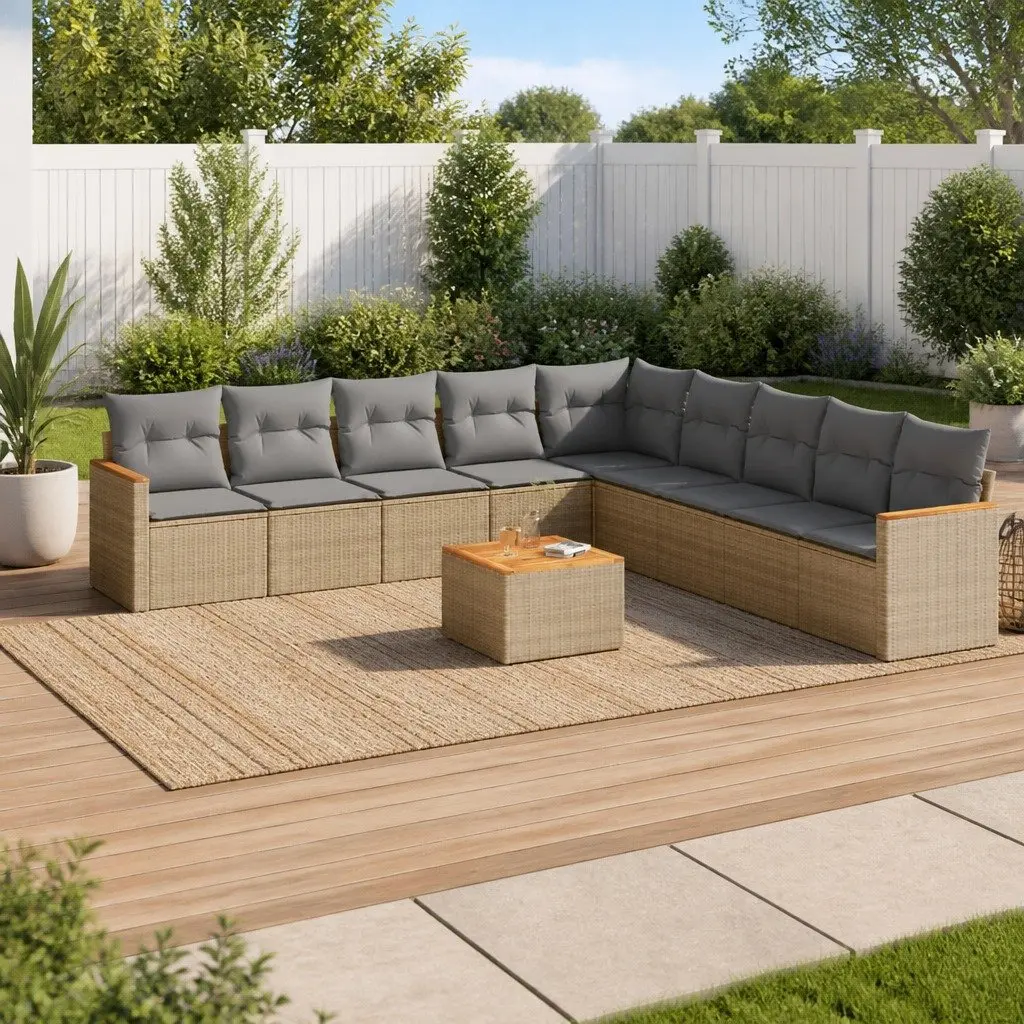 10 Piece Garden Sofa Set Outdoor Seating Beige Poly Rattan Cushions Storage Bag