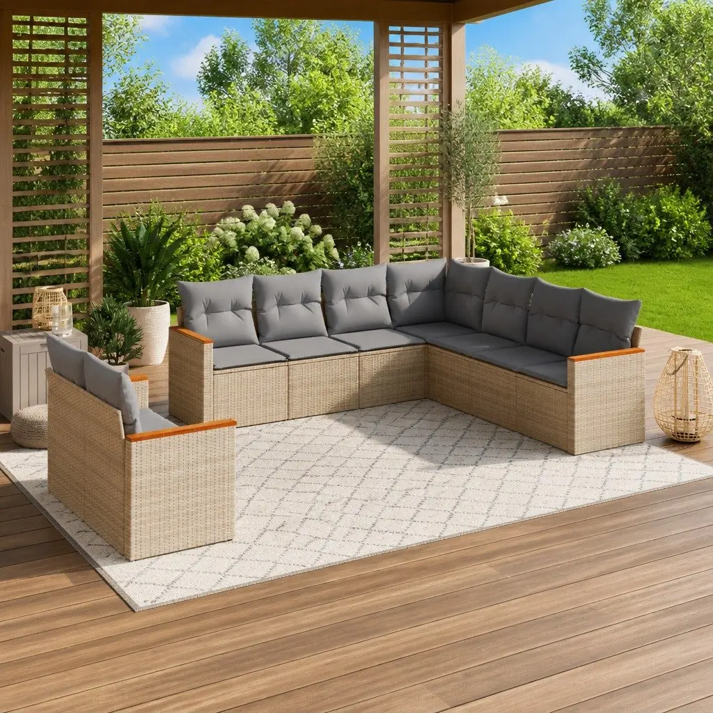Garden Sofa Set 9 Piece Outdoor Furniture Beige Poly Rattan Patio Lounge