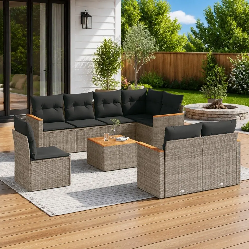 Garden Sofa Set 9 Piece Outdoor Furniture Grey Poly Rattan with Cushions