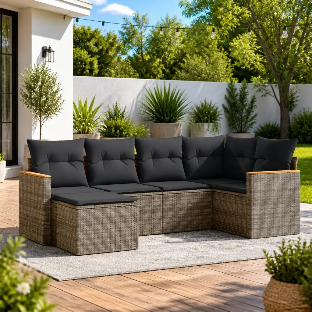 Outdoor Furniture Sofa Set Grey PE Rattan 6 Piece Modular Seating with Removable Cushions and Storage Bag