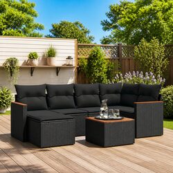 Practical 7 Piece Black Garden Sofa Set with Cushions