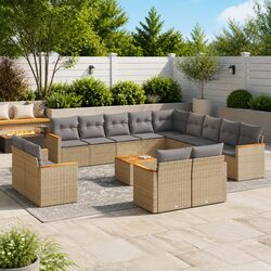 Garden Sofa Set 14 Piece Outdoor Furniture Beige Poly Rattan Modular Patio