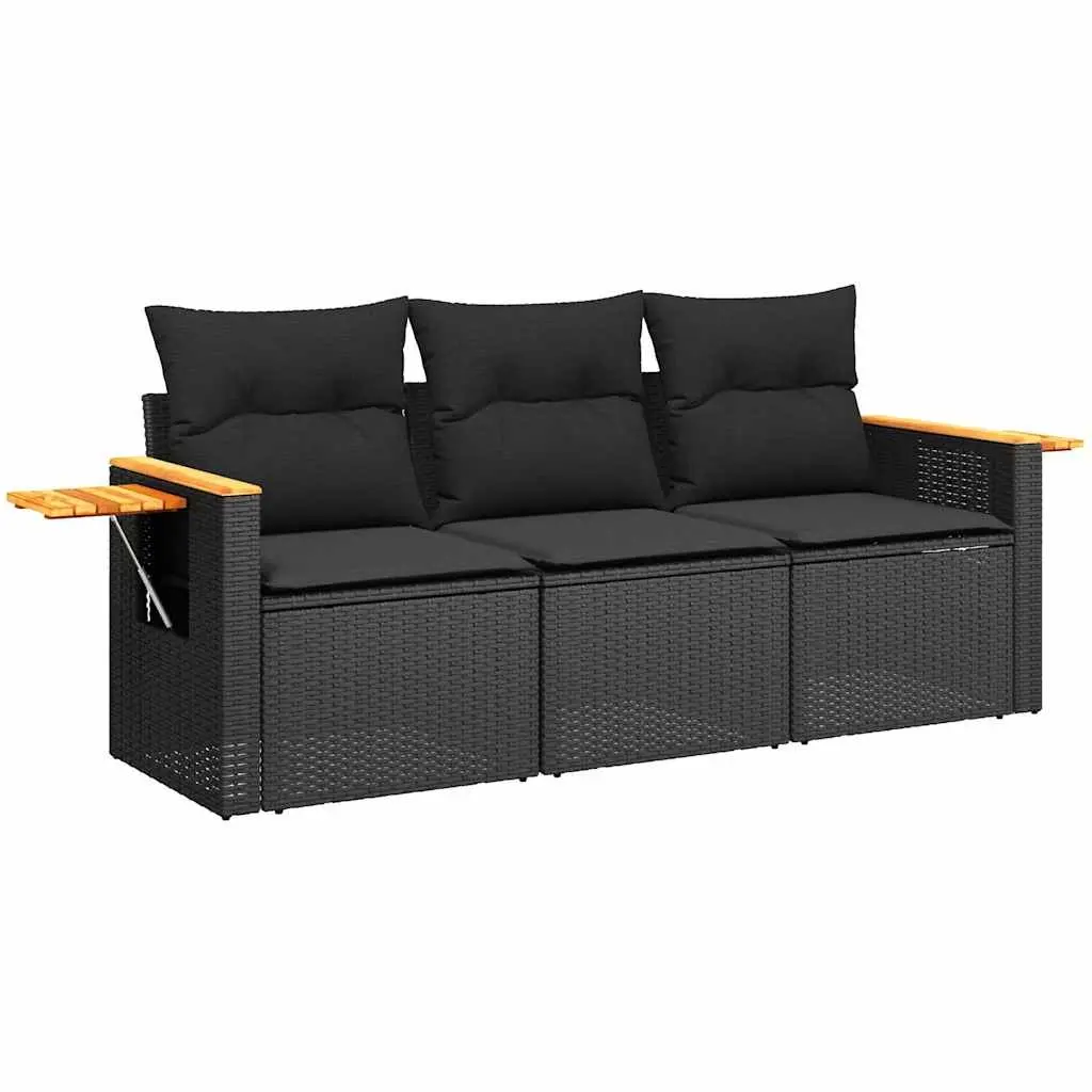Garden Sofa Set 3 Piece Outdoor Furniture Black Poly Rattan with Cushions