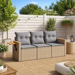 3 Piece Garden Sofa Set Beige Poly Rattan Outdoor Patio Furniture with Cushions