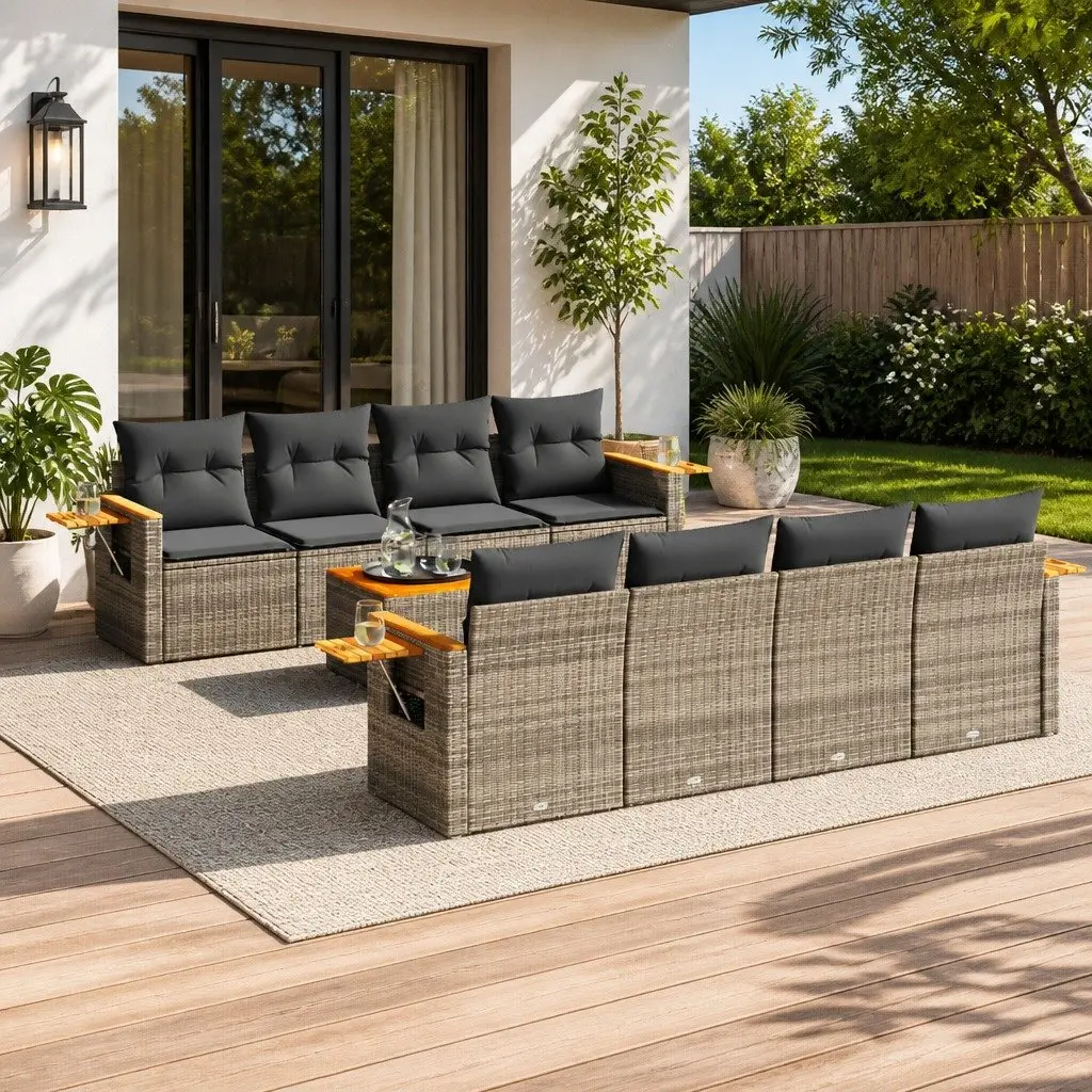 Outdoor Furniture Sofa Set 9 Piece Grey PE Rattan Patio Sectional for Backyard and Terrace