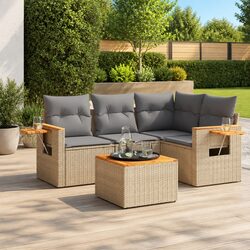 Garden Sofa Set 5 Piece Outdoor Furniture Beige Poly Rattan Patio Lounge with