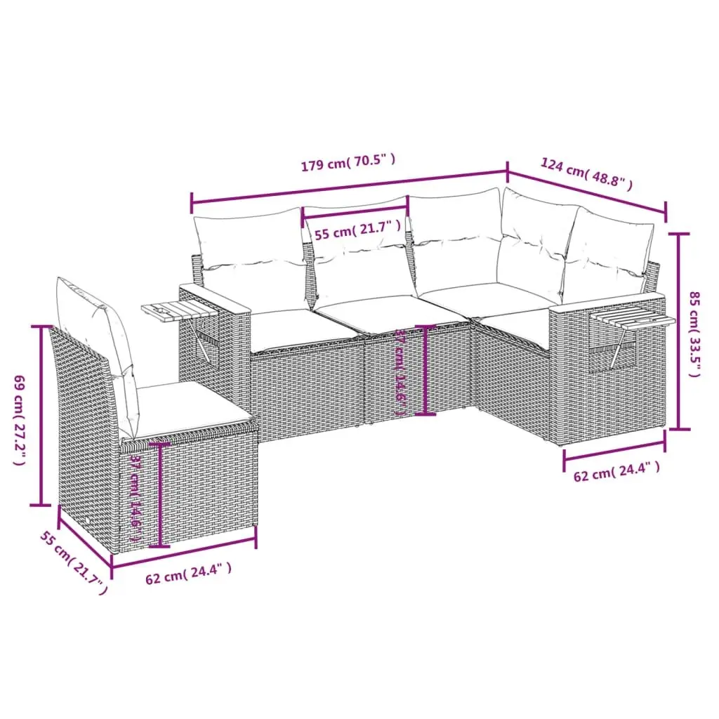5 Piece Garden Sofa Set Beige Poly Rattan Outdoor Furniture Patio Seating with