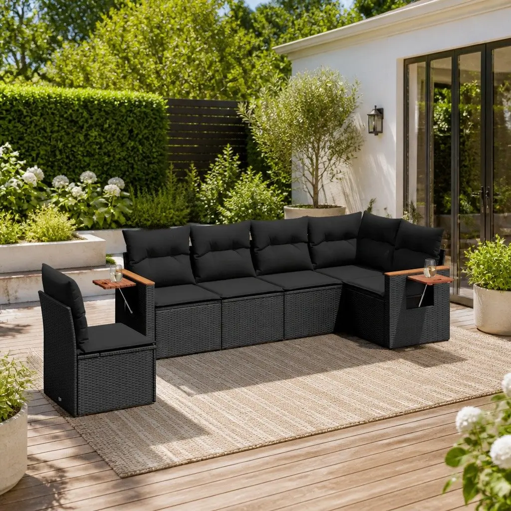 Garden Sofa Set Modular Outdoor Furniture 6 Piece with Storage Cushions Black Poly