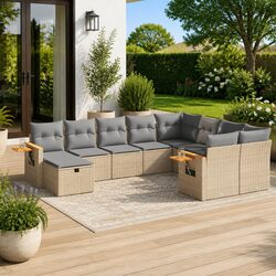 Comfortable 10-Piece Garden Sofa Set in Beige Poly Rattan