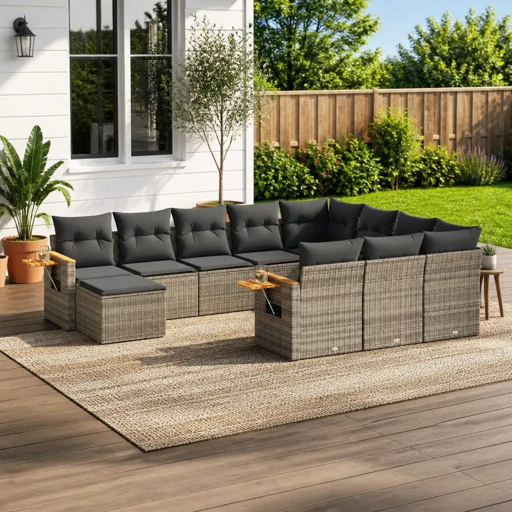 11 Piece Outdoor Garden Sofa Set Grey Poly Rattan Patio Furniture with Cushions