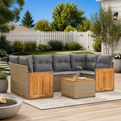 Comfortable 7 Piece Beige Garden Sofa Set with Storage