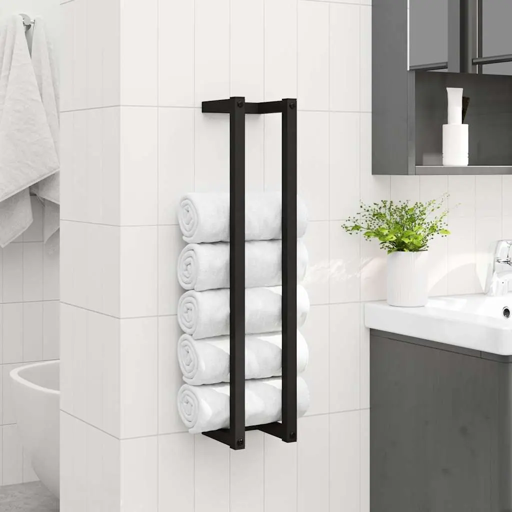 Towel Rack Wall Mount Iron Bathroom Organizer Black 12.5 x 12.5 x 60 cm