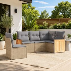 5 Piece Outdoor Garden Sofa Set Beige Poly Rattan Furniture with Storage
