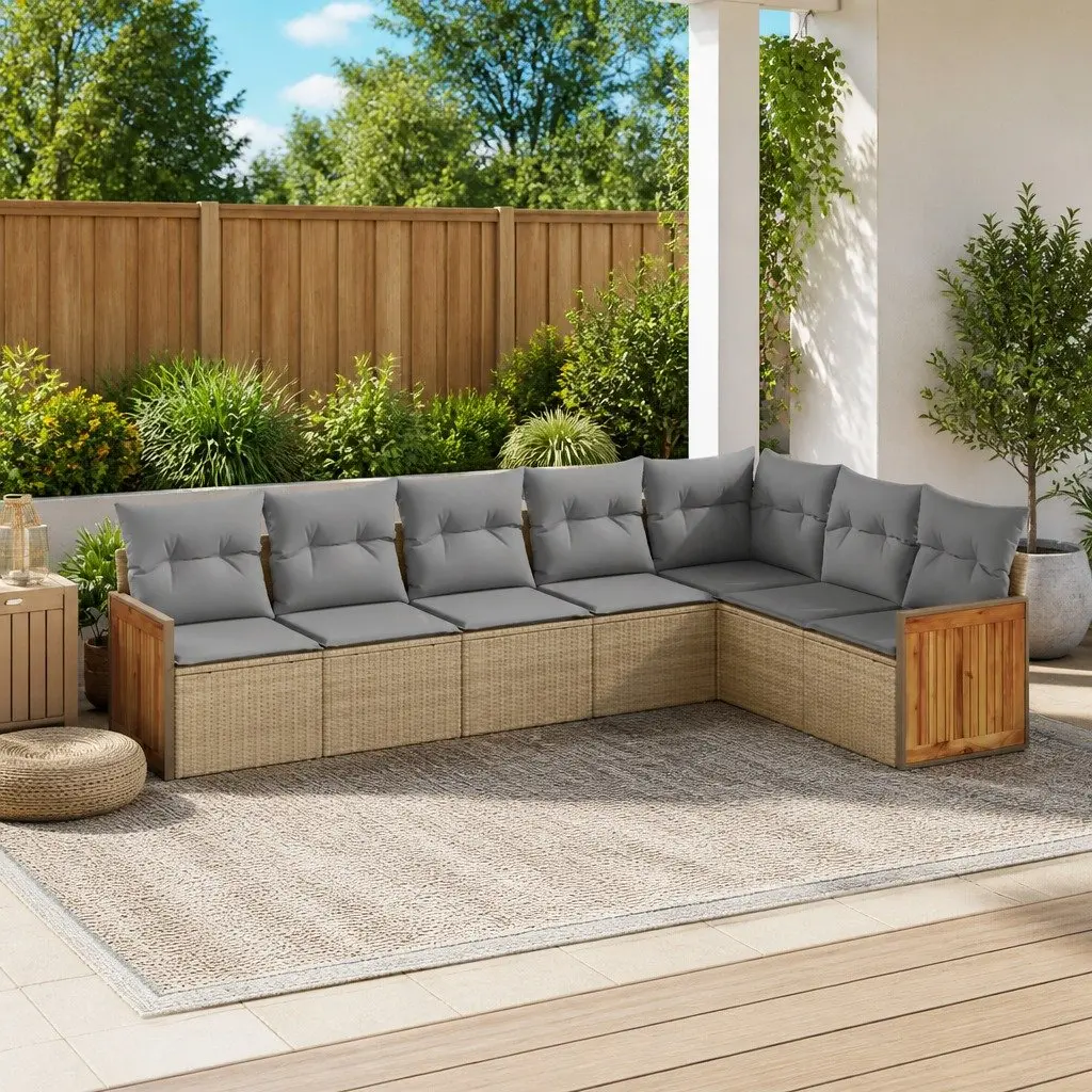 Garden Sofa Set 7 Piece Outdoor Relaxing Modular Beige Poly Rattan with Cushions