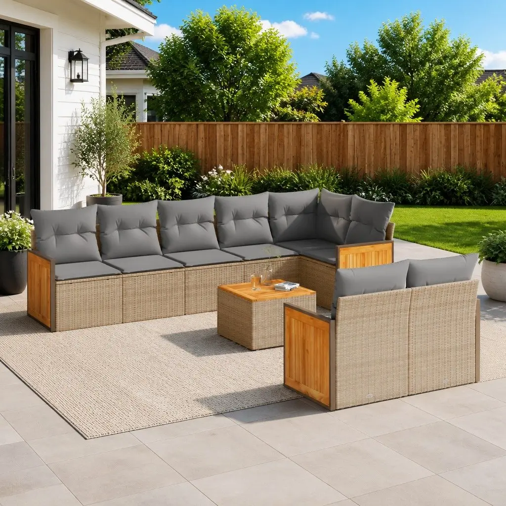 9 Piece Modular Outdoor Garden Sofa Set with Storage Cushions Beige PE Rattan Acacia Wood Tabletop