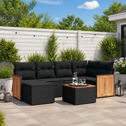 Outdoor Garden Sofa Set 7 Piece Black Poly Rattan Patio Furniture with Cushions