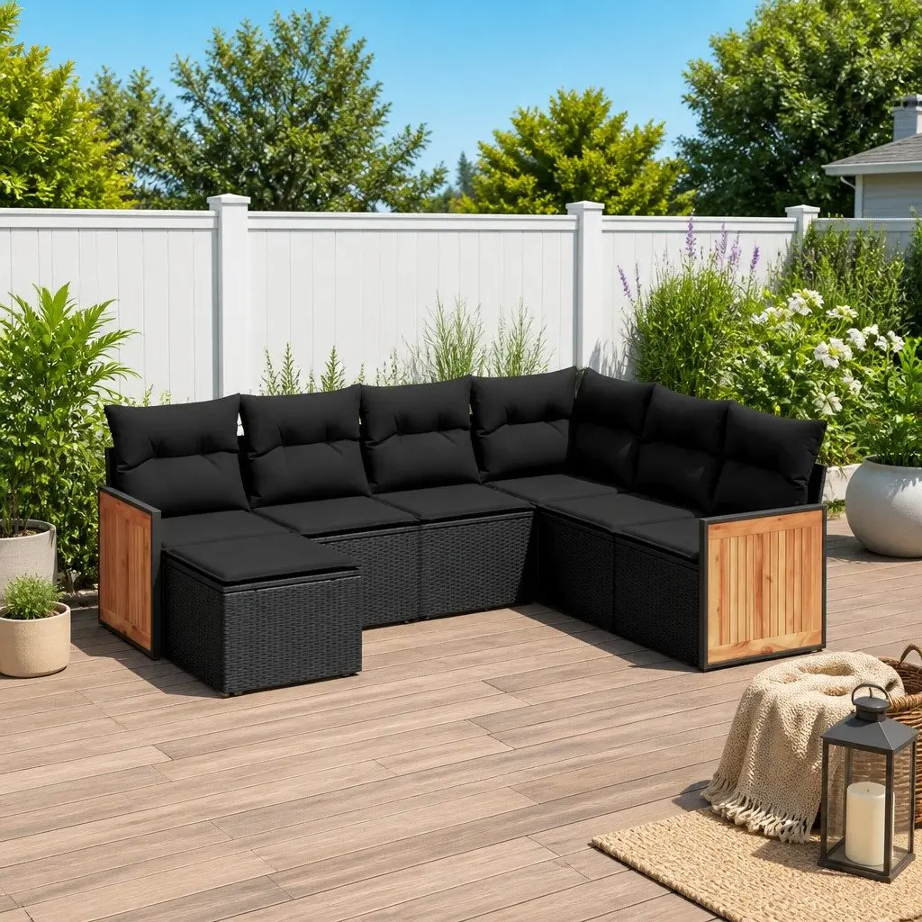 Garden Sofa Set 7 Piece Outdoor Furniture Black Poly Rattan Modular Patio