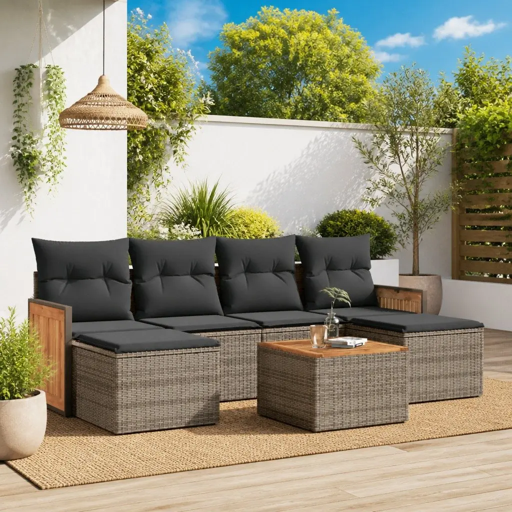7 Piece Outdoor Garden Sofa Set Grey Poly Rattan Patio Furniture with Cushions