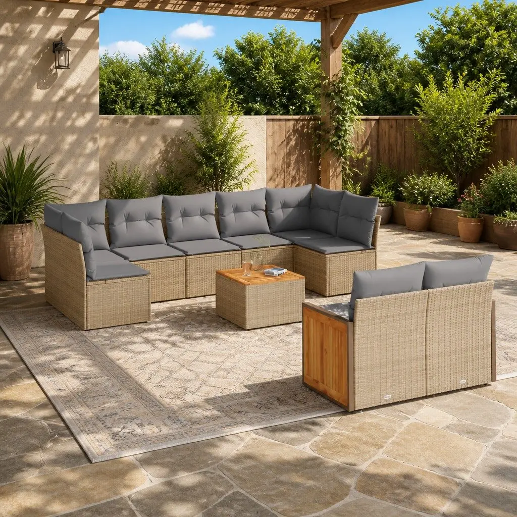 10 Piece Outdoor Sofa Set Poly Rattan Garden Furniture with Cushions Beige