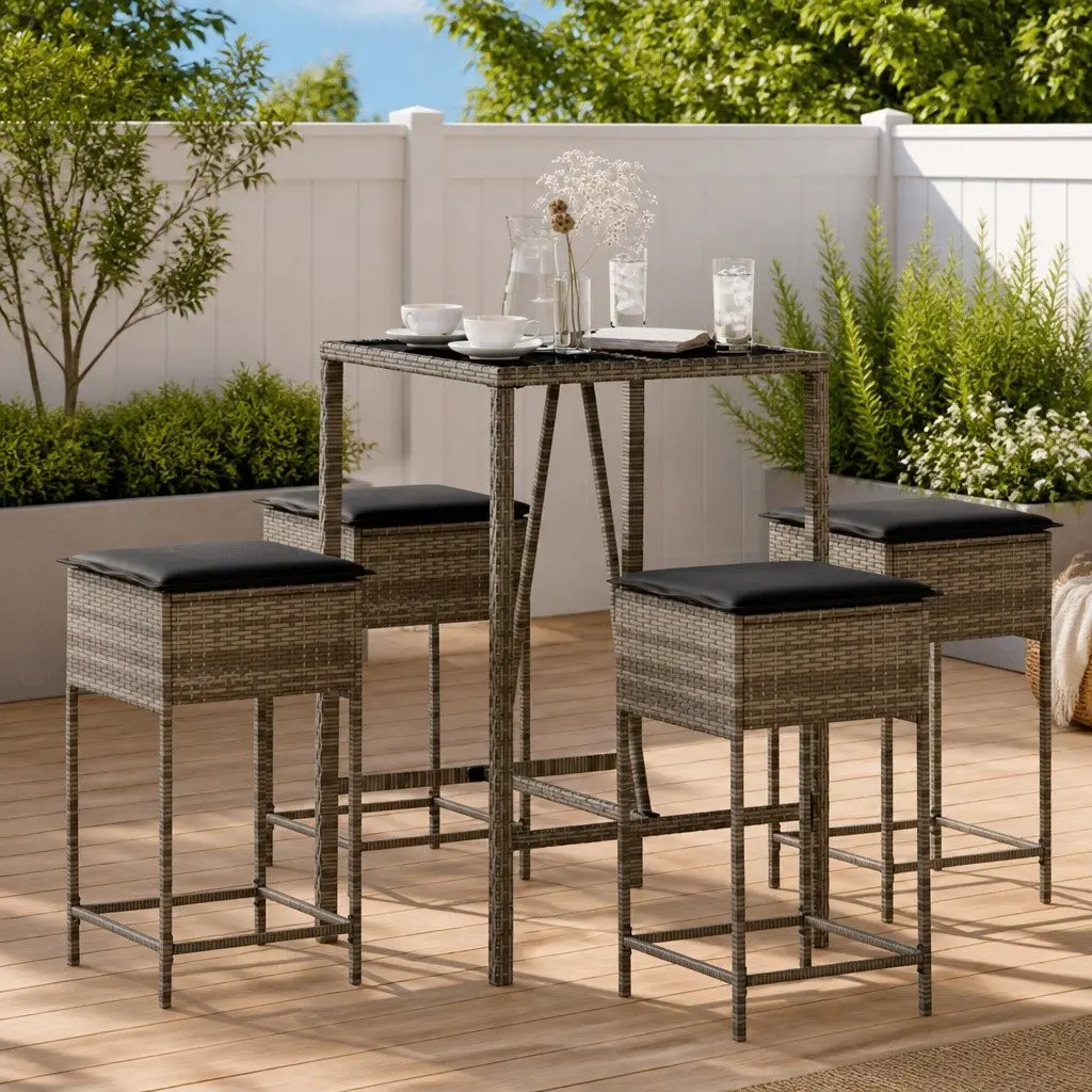 Garden Bar Set 5 Piece Outdoor Furniture with Cushions Grey Patio Bistro