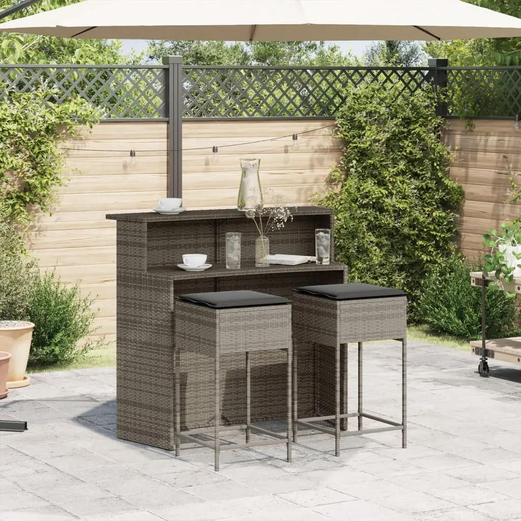 Garden Bar Set 3 Piece Outdoor Furniture Cushioned Grey Poly Rattan