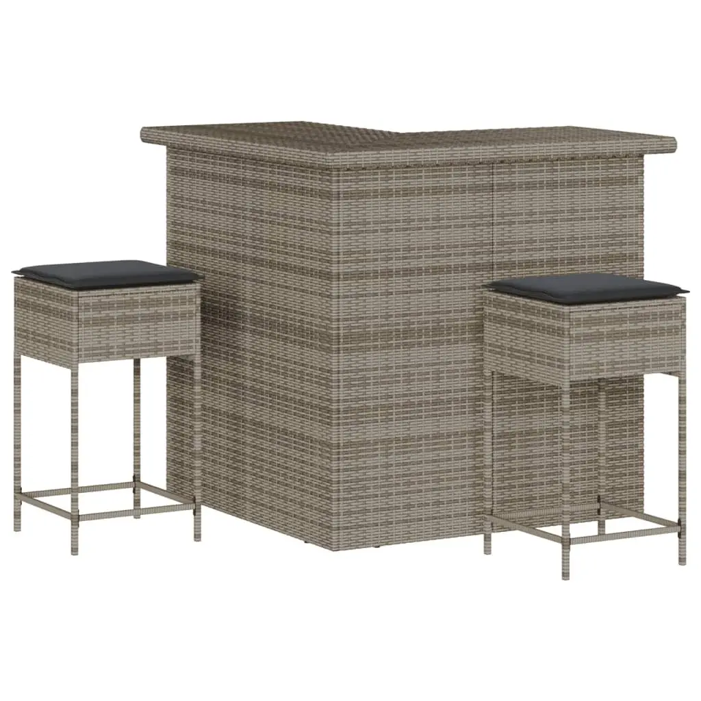 3 Piece Garden Bar Set Outdoor Furniture Patio Rattan Stools with Grey Cushions