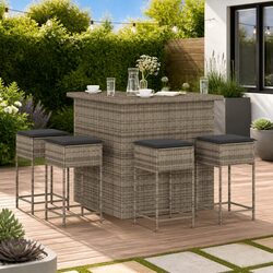Comfortable 5 Piece Garden Bar Set with Cushions Grey Rattan