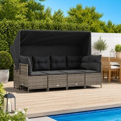 5 Piece Outdoor Garden Sofa Set with Retractable Canopy Grey Poly Rattan