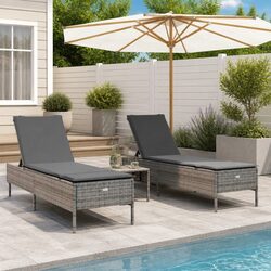 Sun Loungers with Cushions 2 pcs Grey Poly Rattan Outdoor Seating Adjustable