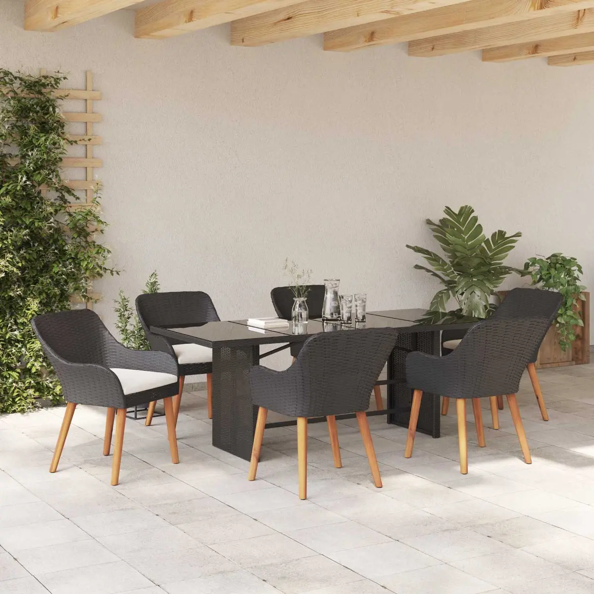 Garden Dining Set 7 Piece Outdoor Furniture Poly Rattan Black with Cushion
