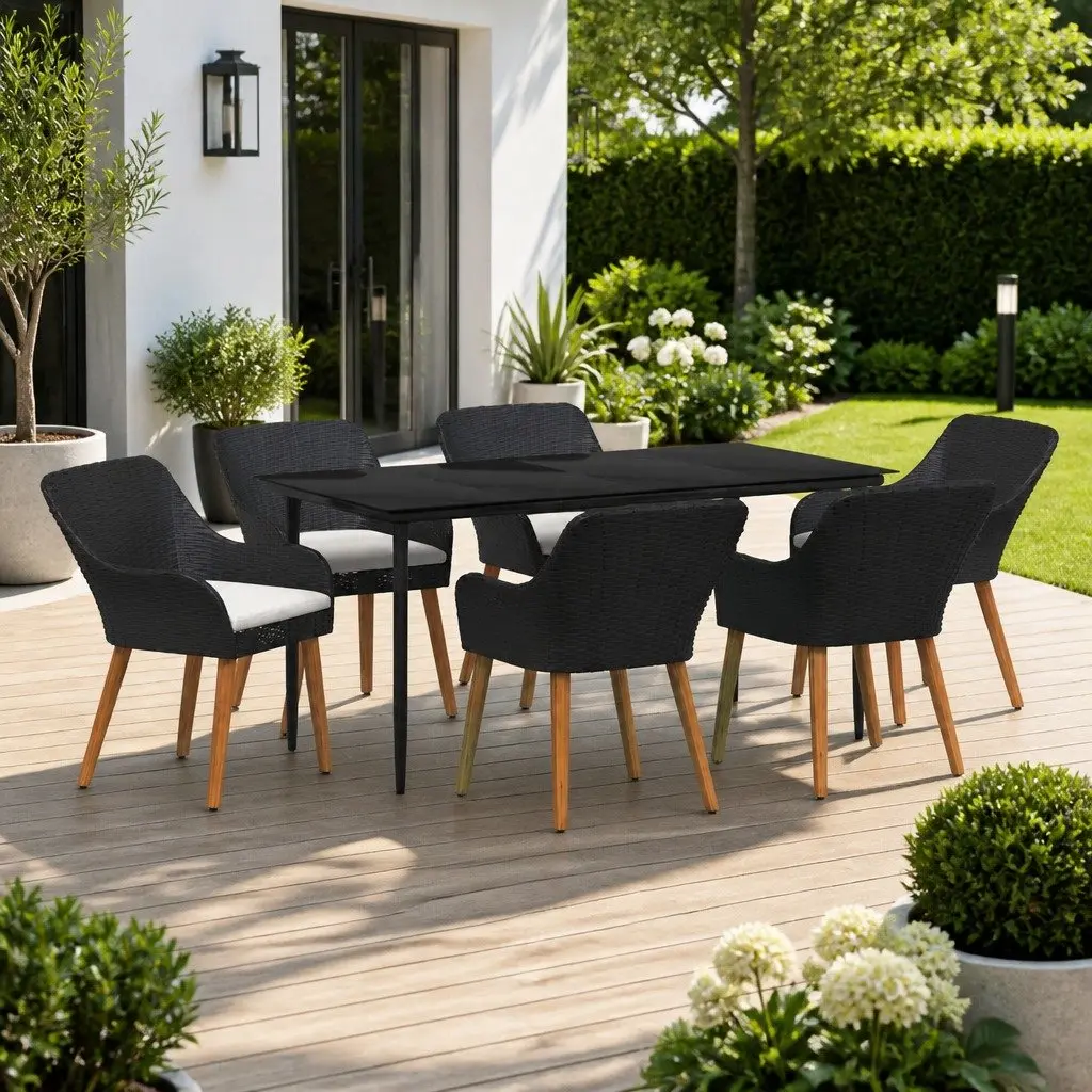 Outdoor Garden Dining Set 7 Piece Black Poly Rattan Table Chairs with Cushions
