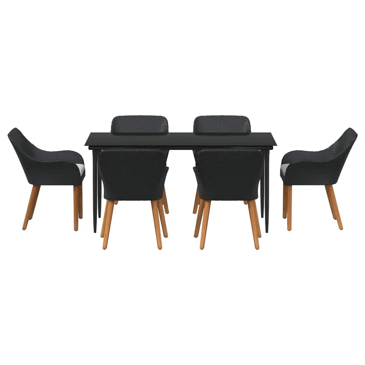 Garden Dining Set 7 Piece Outdoor Use Black Poly Rattan Table Chairs with Cushions