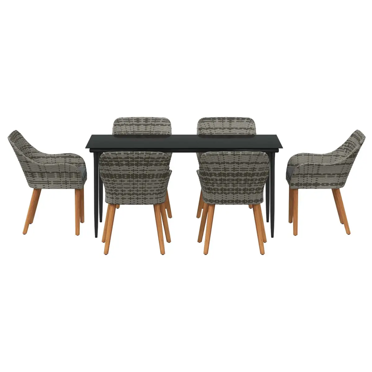 Outdoor Dining Set Poly Rattan 7 Piece Grey Cushions Tempered Glass Table