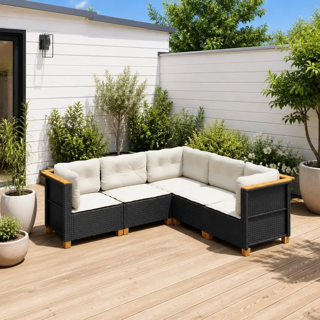 5 Piece Outdoor Garden Sofa Set Black Poly Rattan Furniture with Cushions
