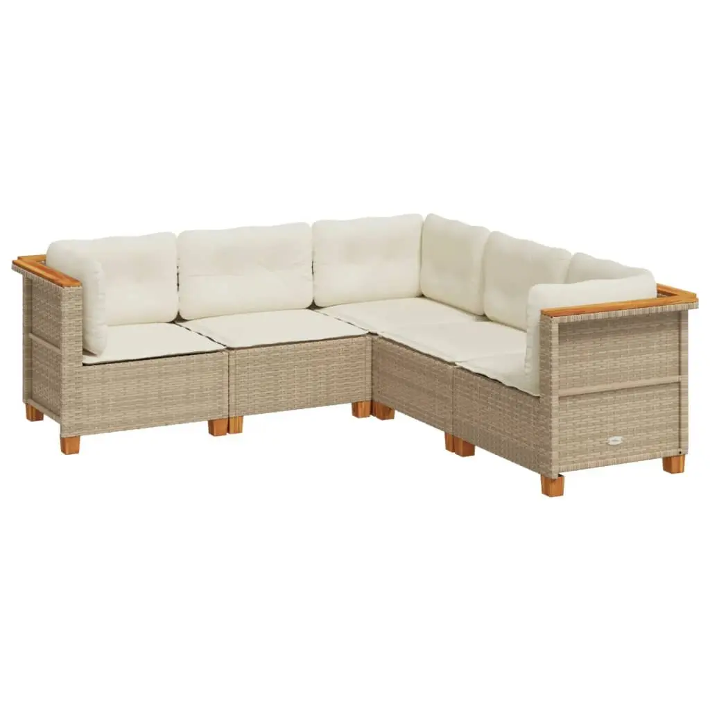 Outdoor Garden Sofa Set 5 Piece Beige Poly Rattan Patio Furniture with Cushions