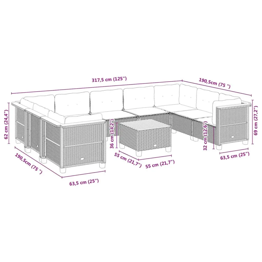 Garden Sofa Set 10 Piece Outdoor Furniture Grey Poly Rattan with Cushions