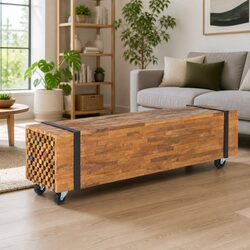 Elegant 110x30x32.5cm Teak TV Stand with Four Wheels