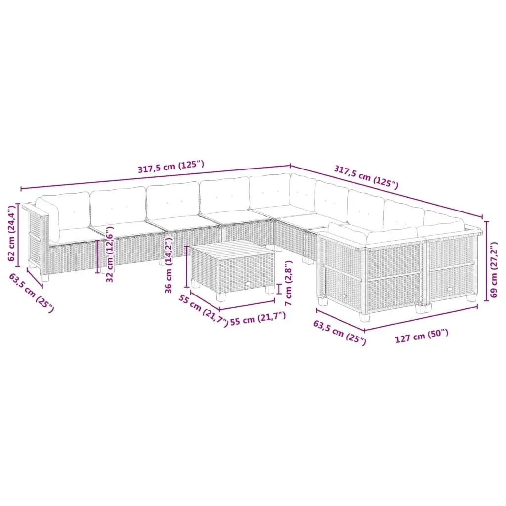 Garden Sofa Set 11 Piece Outdoor Furniture Cushioned Seating Black
